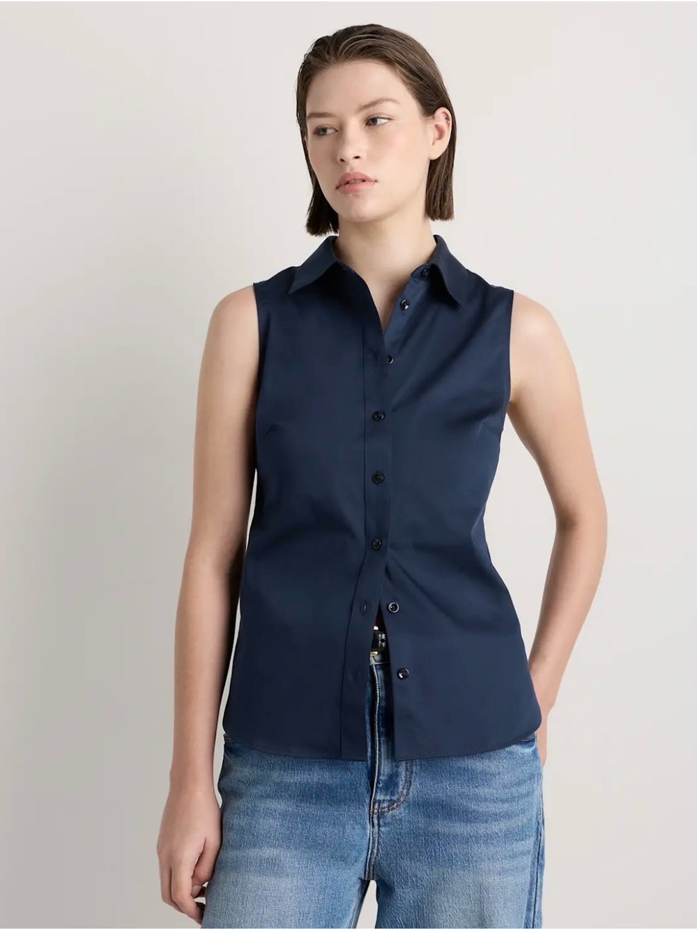 Quince Navy Sleeveless Button-Front Collared Blouse